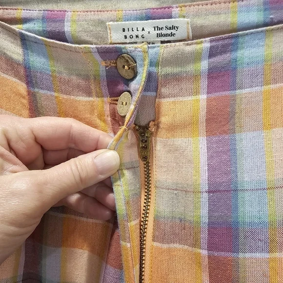 NWT Billabong The Salty Blonde Break Point Cropped Linen Blend Plaid Pants - Picture 5 of 11